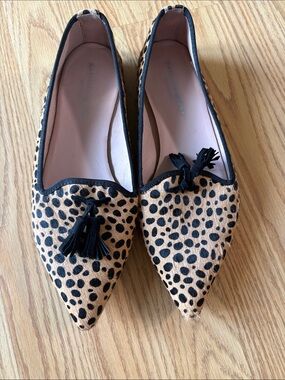 Pointed Leopard-Print Tassel Flats in Tan & Black